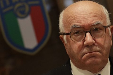 Italian football federation president Carlo Tavecchio gives a press conference at the federation headquarters in Rome, Monday, Nov. 20, 2017. Tavecchio has resigned Monday, a week after the Azzurri failed to qualify for the World Cup. (AP Photo/Andrew Medichini)
