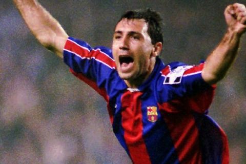 FILE-F.C. Barcelona's Bulgarian striker Hristo Stoichkov seen in this November 2, 1995 file photo, celebrates after scoring against Manchester United in the European Champions league match. Stoichkov has announced that he has signed a 3 year contract with Italian club Parma, Saturday completing his transfer from Spanish club Barcelona for a reported dlrs 16 million. (AP Photo/Denis Doyle)