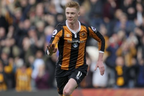 Hull City's Sam Clucas celebrates scoring his side's second goal of the game during their English Premier League soccer match against Watford at the KCOM Stadium, Hull, England, Saturday, April 22, 2017. (Richard Sellers/PA via AP)