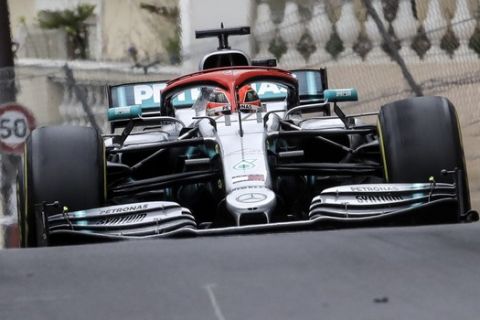 Mercedes driver Lewis Hamilton of Britain steers his car during the Monaco Formula One Grand Prix race, at the Monaco racetrack, in Monaco, Sunday, May 26, 2019. (AP Photo/Luca Bruno)