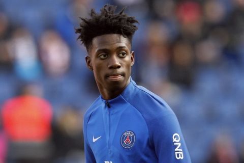 PSG's Timothy Weah trains before the French League One soccer match between Paris Saint-Germain and Angers at the Parc des Princes Stadium, in Paris, France, Wednesday, March 14, 2018. (AP Photo/Christophe Ena)