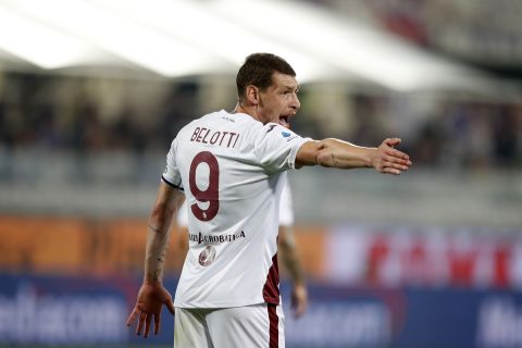 Torino's Andrea Belotti gestures during a Serie A soccer match between Fiorentina and Torino at the Artemio Franchi stadium in Florence, Italy, Saturday, Aug. 28, 2021. (AP Photo/Riccardo De Luca)