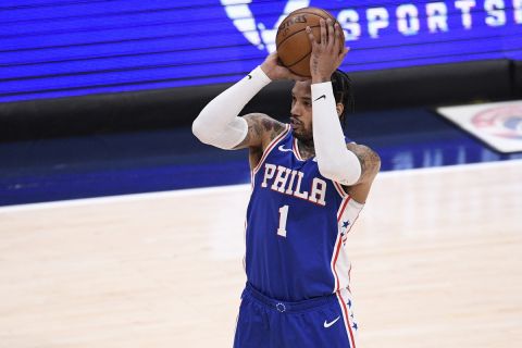 Philadelphia 76ers forward Mike Scott (1) in action during the second half of Game 4 in a first-round NBA basketball playoff series against the Washington Wizards, Monday, May 31, 2021, in Washington. (AP Photo/Nick Wass)