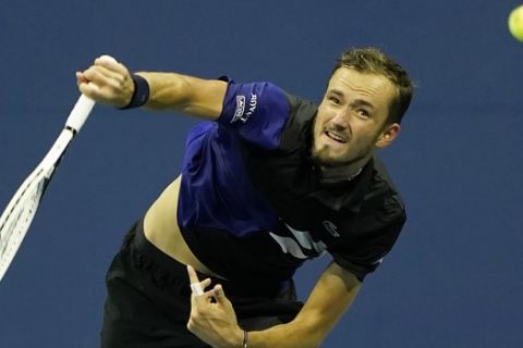 Daniil Medvedev, of Russia, serves to Federico Delbonis, of Argentina, during the first round of the U.S. Open tennis championships, Tuesday, Sept. 1, 2020, in New York. (AP Photo/Frank Franklin II)