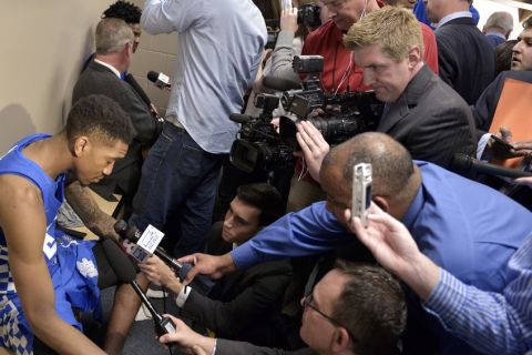 Kentucky guard Malik Monk is interviewed in the locker room after Kentucky lost to North Carolina 75-73 in the South Regional final game in the NCAA college basketball tournament Sunday, March 26, 2017, in Memphis, Tenn. (AP Photo/Brandon Dill)