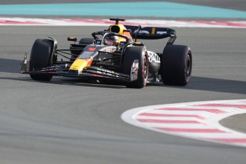 Red Bull driver Max Verstappen of the Netherlands steers his car during the third practice ahead of the Abu Dhabi Formula One Grand Prix at the Yas Marina Circuit, Abu Dhabi, UAE, Saturday, Nov. 25, 2023. (AP Photo/Kamran Jebreili)