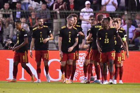 Οι παίκτες του Βελγίου πανηγυρίζουν γκολ που σημείωσαν κόντρα στην Πολωνία για τη League A του Nations League 2022-2023 στο "Κινγκ Μποντουέν", Βρυξέλλες | Τετάρτη 8 Ιουνίου 2022