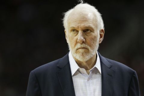 San Antonio Spurs head coach Gregg Popovich watches from the sideline during the first half of an NBA basketball game against the Houston Rockets, Monday, Dec. 16, 2019, in Houston. (AP Photo/Eric Christian Smith)