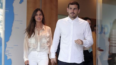 Spanish goalkeeper Iker Casillas, with his wife Sara Carbonero, leaves a hospital in Porto, Portugal, Monday, May 6, 2019. Veteran goalkeeper Iker Casillas had a heart attack during a training session with his Portuguese club FC Porto and was hospitalized May 1. (AP Photo/Luis Vieira)