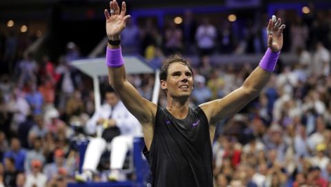 Rafael Nadal, of Spain, reacts after defeating Daniil Medvedev, of Russia, to win during the men's singles final of the U.S. Open tennis championships Sunday, Sept. 8, 2019, in New York. (AP Photo/Charles Krupa)