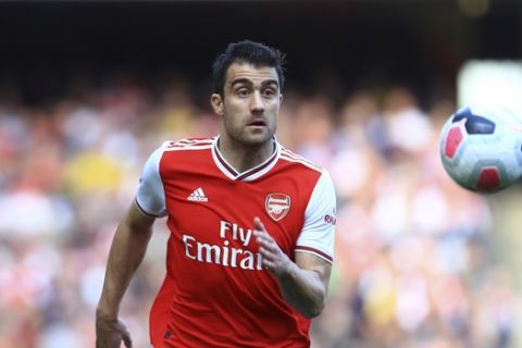 Arsenal's Sokratis Papastathopoulos during the English Premier League soccer match between Arsenal and Bournemouth at the Emirates Stadium in London , England, Sunday, Oct. 6, 2019. (AP Photo/Leila Coker)