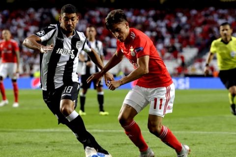 Benfica's Franco Cervi, right, challenges for the ball with PAOK's Dimitris Pelkas during the Champions League playoffs, first leg, soccer match between Benfica and PAOK at the Luz stadium in Lisbon, Tuesday, Aug. 21, 2018. (AP Photo/Armando Franca)