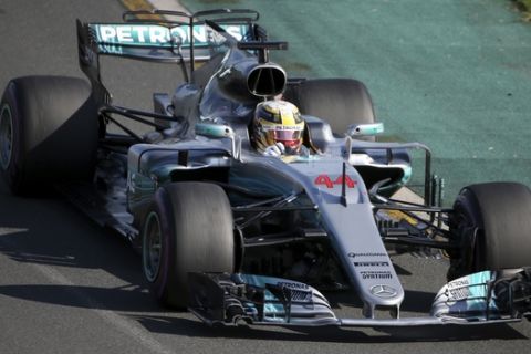 Mercedes driver Lewis Hamilton of Britain steers his car during the Australian Formula One Grand Prix in Melbourne, Australia, Sunday, March 26, 2017. (AP Photo/Rick Rycroft)