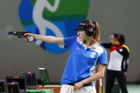 Anna Korakaki of Greece, competes during the women's 25-meter pistol gold medal match at the Olympic Shooting Center at the 2016 Summer Olympics in Rio de Janeiro, Brazil, Tuesday, Aug. 9, 2016. (AP Photo/Hassan Ammar)