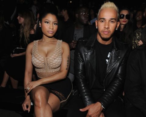 NEW YORK, NY - SEPTEMBER 12:  Nicki Minaj (L) and Lewis Hamilton attend the Alexander Wang Spring 2016 fashion show during New York Fashion Week at Pier 94 on September 12, 2015 in New York City.  (Photo by Craig Barritt/Getty Images)