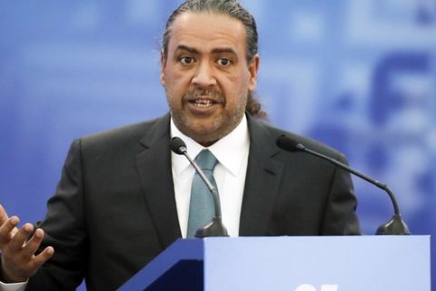 Kuwait's Sheikh Ahmad Al-Fahad Al-Ahmed Al-Sabah, president of the Association of National Olympic Committees (ANOC) speaks at the European Olympic Committees General Assembly in Minsk, Belarus, Friday, Oct. 21, 2016. The capital of Belarus was chosen Friday to host the 2019 European Games, ending more than a year of uncertainty after the previous host nation pulled out. (AP Photo/Sergei Grits)