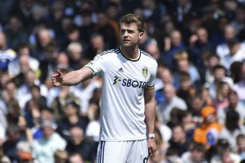Leeds United's Patrick Bamford reacts during the English Premier League soccer match between Leeds United and Newcastle United at Elland Road in Leeds, England, Saturday, May 13, 2023. (AP Photo/Rui Vieira)
