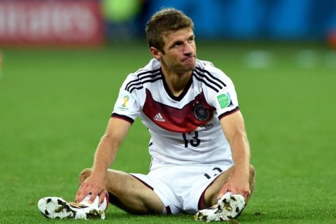 PORTO ALEGRE, BRAZIL - JUNE 30:  Thomas Mueller of Germany reacts during the 2014 FIFA World Cup Brazil Round of 16 match between Germany and Algeria at Estadio Beira-Rio on June 30, 2014 in Porto Alegre, Brazil.  (Photo by Matthias Hangst/Getty Images)