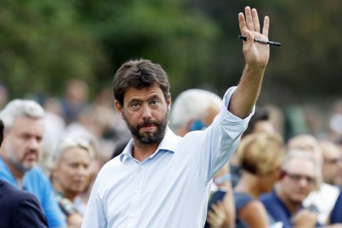 Juventus' president Andrea Agnelli arrives at Villar Perosa, northern Italy, Sunday, Aug.12, 2018, to attend a friendly match between the Juventus A and B teams, that will see Cristiano Ronaldo in his first official appearance with Juventus. (AP Photo/Antonio Calanni)