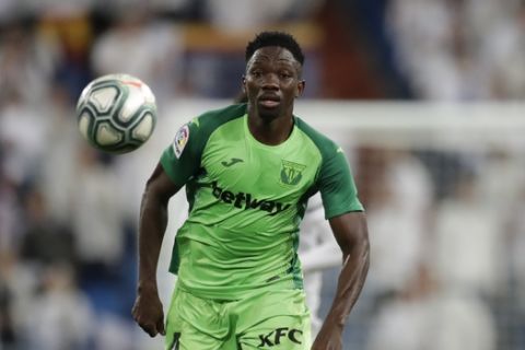 Leganes' Kenneth Omeruo plays during a Spanish La Liga soccer match between Real Madrid and Leganes at the Santiago Bernabeu stadium in Madrid, Spain, Wednesday, Oct. 30, 2019. (AP Photo/Bernat Armangue)