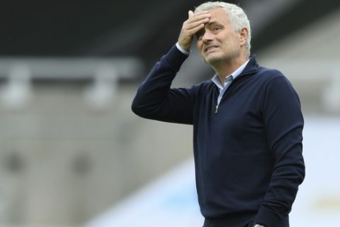 Tottenham's manager Jose Mourinho gestures before the English Premier League soccer match between Newcastle United and Tottenham Hotspur at St. James' Park in Newcastle, England, Wednesday, July 15, 2020. (Stu Forster/Pool via AP)