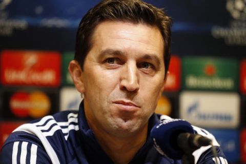 Anderlecht's coach Besnik Hasi addresses journalists during a press conference one day ahead of the Champions League group D soccer match between Borussia Dortmund and Anderlecht in Dortmund, Germany, Monday, Dec. 8, 2014.(AP Photo/Frank Augstein))