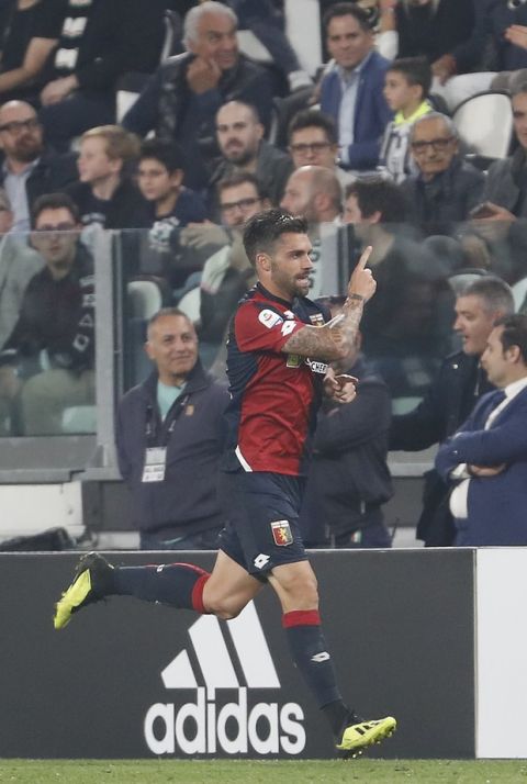 Genoa's Daniel Bessa celebrates after scoring the equalizer during an Italian Serie A soccer match between Juventus and Genoa, at the Alliance stadium in Turin, Italy, Saturday, Oct. 20, 2018. (AP Photo/Antonio Calanni)