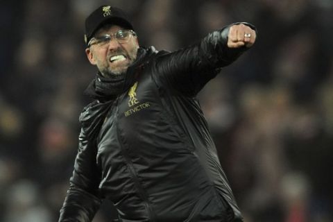 Liverpool manager Juergen Klopp during the English Premier League soccer match between Liverpool and Crystal Palace at Anfield in Liverpool, England, Saturday, Jan. 19, 2019. (AP Photo/Rui Vieira)