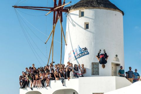 Pavel Petkuns of Latvia performs during the finals at the "Red Bull Art of Motion" freerunning competition on Santorini Island, Greece on October 3, 2015