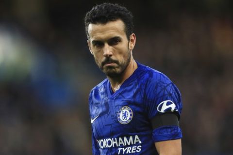 Chelsea's Pedro during the English Premier League soccer match between Chelsea and West Ham at Stamford Bridge Stadium in London, England, in London, England, Saturday, Nov. 30, 2019. (AP Photo/Leila Coker)
