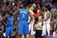 Apr 16, 2012; Los Angeles, CA, USA; Los Angeles Clippers forwards Blake Griffin (32) and Trey Thompkins (33) react in the fourth quarter as Oklahoma City Thunder guard James Harden (13) and center Nazr Mohammed (8) watch at the Staples Center. The Clippers defeated the Thunder 92-77. Mandatory Credit: Kirby Lee/Image of Sport-US PRESSWIRE