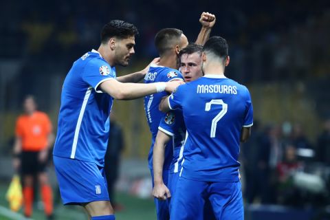 Οι παίκτες της Εθνικής Ελλάδας πανηγυρίζουν γκολ που σημείωσαν κόντρα στο Καζακστάν για τα ημιτελικά των playoffs του Euro 2024 στην OPAP Arena | Πέμπτη 21 Μαρτίου 2024