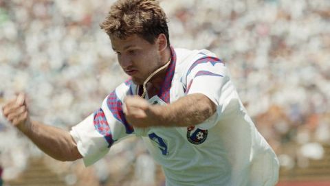 Russian Oleg Salenko clenches his fist after scoring his second goal during the Group B World Cup first round match against Cameroon at Stanford Stadium, Stanford, Calif., on Tuesday, June 28, 1994. Salenko set a World Cup record of five goals in one match by a single player. (AP Photo/Thomas Kienzle)