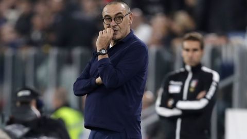 Juventus' head coach Maurizio Sarri gestures during a Serie A soccer match between Juventus and Bologna, at the Allianz stadium in Turin, Italy, Saturday, Oct.19, 2019. (AP Photo/Luca Bruno)