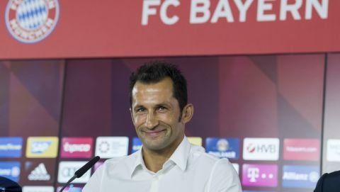 Former soccer player Hasan Salihamidzic attends a news conference in Munich, Germany, Monday, July 31, 2017.  Salihamidzic became new sports director at Bayern, the club announced Monday. He follows Matthias Sammer.  (Peter Kneffel/dpa via AP)