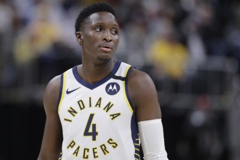 Indiana Pacers' Victor Oladipo (4) in action during the second half of an NBA basketball game against the Chicago Bulls, Wednesday, Jan. 29, 2020, in Indianapolis. Indiana won 115-106 in overtime. (AP Photo/Darron Cummings)