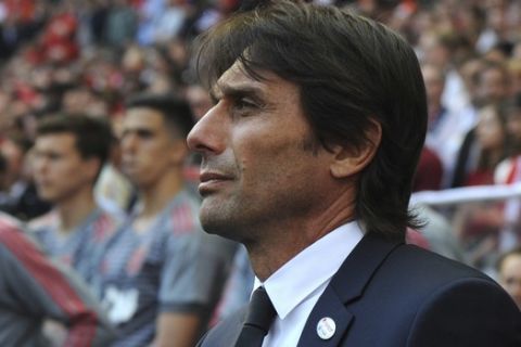 Chelsea manager Antonio Conte looks on prior to the English FA Cup final soccer match between Chelsea v Manchester United at Wembley stadium in London, England, Saturday, May 19, 2018. (AP Photo/Rui Vieira)