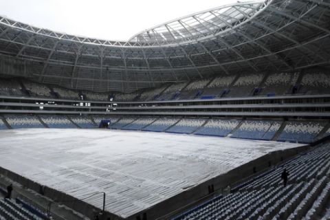 A view of the 45,000-seat Samara Arena in Samara, Russia, Wednesday, March 21, 2018. FIFA says a World Cup stadium in the Russian city of Samara requires "a huge amount of work" to be ready on time. (AP Photo/Oleksandr Stashevskyi)