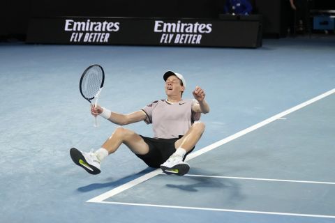 Jannik Sinner of Italy celebrates after defeating Daniil Medvedev of Russia during the men's singles final at the Australian Open tennis championships at Melbourne Park, in Melbourne, Australia, Sunday, Jan. 28, 2024. (AP Photo/Alessandra Tarantino)
