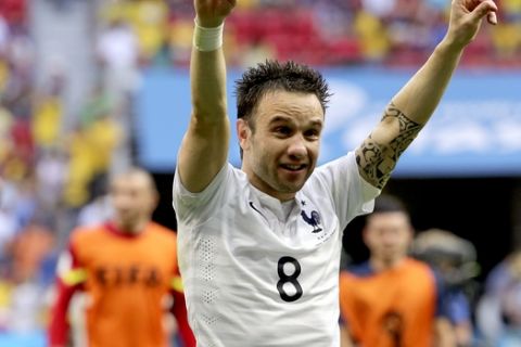 France's Mathieu Valbuena celebrates after the World Cup round of 16 soccer match between France and Nigeria at the Estadio Nacional in Brasilia, Brazil, Monday, June 30, 2014. France won the match 2-0. (AP Photo/David Vincent)