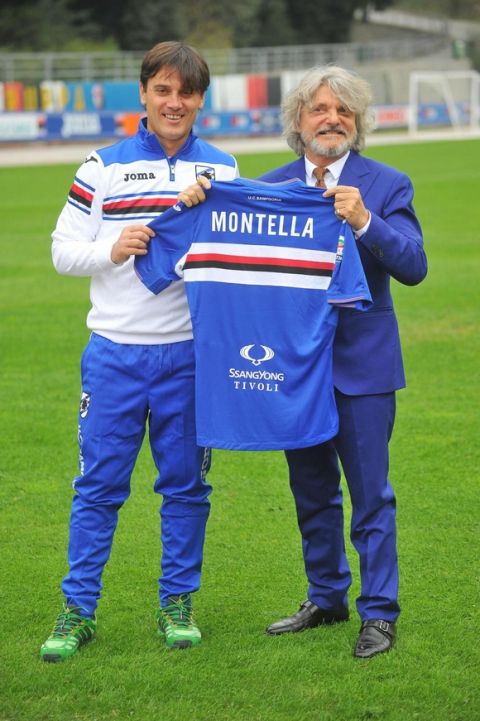 New Sampdoria's head coach Vincenzo Montellla (L) with Sampdoria's owner Massimo Ferrero (R) during a press conference in Bogliasco Sports Center, Genoa, 16 November 2015. ANSA/LUCA ZENNARO