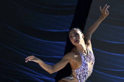 Greece's Evangelia Platanioti competes during solo technical final of artistic swimming at the 19th FINA World Championships in Budapest, Hungary, Saturday, June 18, 2022. (AP Photo/Anna Szilagyi)