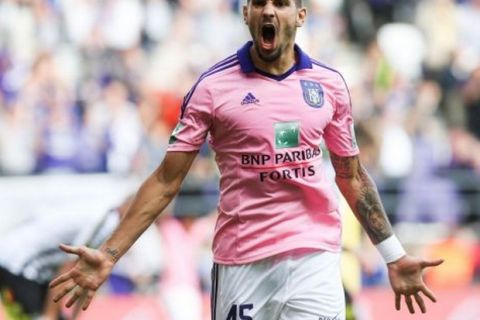 20140810 - ANDERLECHT, BELGIUM: Anderlecht's Alexandar Mitrovic celebrates after scoring during the Jupiler Pro League match between RSCA Anderlecht and Sporting Charleroi, in Anderlecht, Sunday 10 August 2014, on the third day of the Belgian soccer championship. BELGA PHOTO VIRGINIE LEFOUR