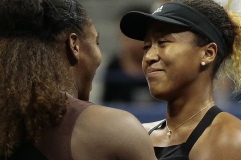 Naomi Osaka, of Japan, is hugged by Serena Williams after Osaka defeating Williams in the women's final of the U.S. Open tennis tournament, Saturday, Sept. 8, 2018, in New York. (AP Photo/Andres Kudacki)