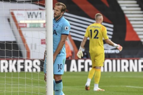 Tottenham's Harry Kane reacts during the English Premier League soccer match between Bournemouth and Tottenham at the Vitality Stadium in Bournemouth, England, Thursday, July 9, 2020. (Neill Hall/Pool via AP)