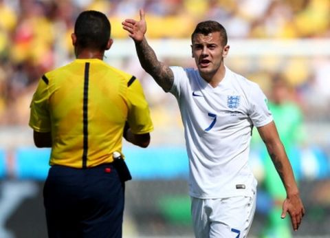 BELO HORIZONTE, BRAZIL - JUNE 24:  Jack Wilshere of England appeals to referee Djamel Haimoudi during the 2014 FIFA World Cup Brazil Group D match between Costa Rica and England at Estadio Mineirao on June 24, 2014 in Belo Horizonte, Brazil.  (Photo by Ian Walton/Getty Images)