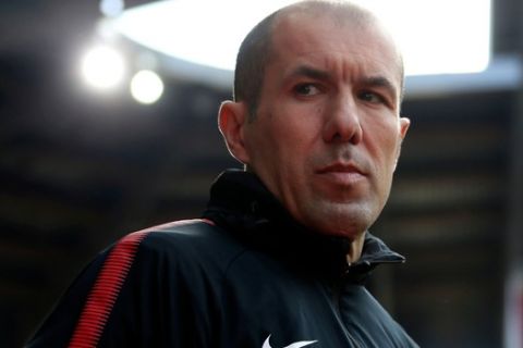 FILE - In this file photo dated Wednesday, April 4, 2018, Monaco's head coach Leonardo Jardim looks on prior to his French League One soccer match against Rennes, in Rennes, western France. Monaco is under pressure Saturday April 28, 2018, from Lyon and Marseille in the fight for second place and an automatic place in next seasons Champions League. (AP Photo/David Vincent, FILE)