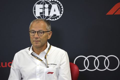 Formula One CEO Stefano Domenicali addresses a media conference ahead of the Formula One Grand Prix at the Spa-Francorchamps racetrack in Spa, Belgium, Friday, Aug. 26, 2022. German manufacturer Audi will enter Formula One in 2026 in line with new engine regulations, chairman Markus Duesmann said on Friday. (AP Photo/Olivier Matthys)