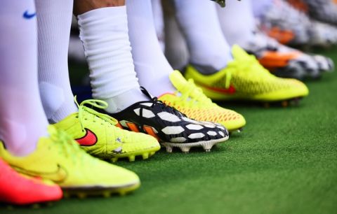 FORTALEZA, BRAZIL - JUNE 24: Player's boots are seen during the 2014 FIFA World Cup Brazil Group C match between Greece and the Ivory Coast at Castelao on June 24, 2014 in Fortaleza, Brazil.  (Photo by Laurence Griffiths/Getty Images)