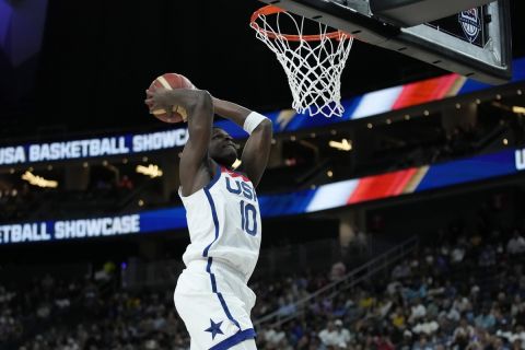 United States' Anthony Edwards dunks against Puerto Rico during the first half of an exhibition basketball game Monday, Aug. 7, 2023, in Las Vegas. (AP Photo/John Locher)